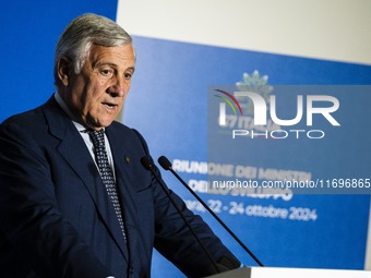 Italian Foreign Minister Antonio Tajani speaks at the final press conference of the day during the Group of Seven (G7) Development Ministers...