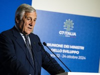 Italian Foreign Minister Antonio Tajani speaks at the final press conference of the day during the Group of Seven (G7) Development Ministers...