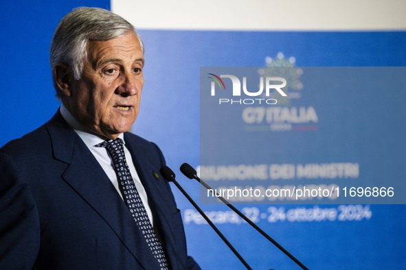 Italian Foreign Minister Antonio Tajani speaks at the final press conference of the day during the Group of Seven (G7) Development Ministers...