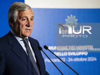 Italian Foreign Minister Antonio Tajani speaks at the final press conference of the day during the Group of Seven (G7) Development Ministers...