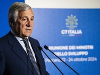 Italian Foreign Minister Antonio Tajani speaks at the final press conference of the day during the Group of Seven (G7) Development Ministers...