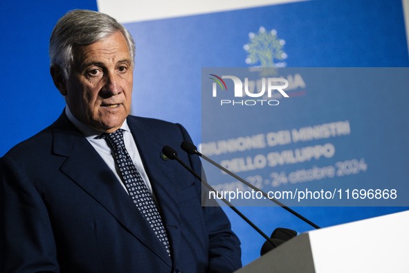 Italian Foreign Minister Antonio Tajani speaks at the final press conference of the day during the Group of Seven (G7) Development Ministers...