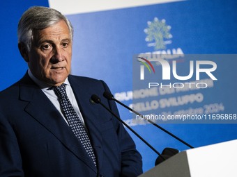 Italian Foreign Minister Antonio Tajani speaks at the final press conference of the day during the Group of Seven (G7) Development Ministers...