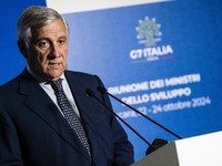 Italian Foreign Minister Antonio Tajani speaks at the final press conference of the day during the Group of Seven (G7) Development Ministers...