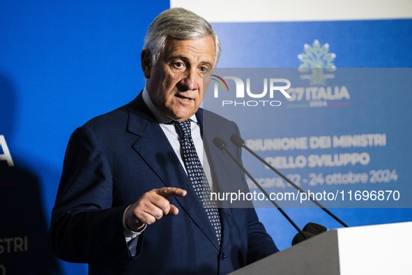 Italian Foreign Minister Antonio Tajani speaks at the final press conference of the day during the Group of Seven (G7) Development Ministers...