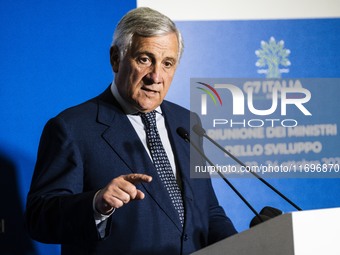 Italian Foreign Minister Antonio Tajani speaks at the final press conference of the day during the Group of Seven (G7) Development Ministers...