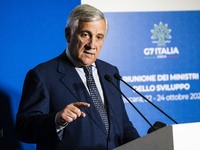 Italian Foreign Minister Antonio Tajani speaks at the final press conference of the day during the Group of Seven (G7) Development Ministers...