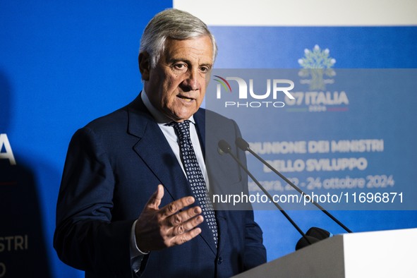 Italian Foreign Minister Antonio Tajani speaks at the final press conference of the day during the Group of Seven (G7) Development Ministers...