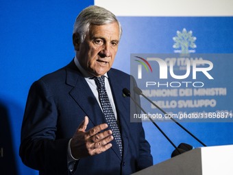 Italian Foreign Minister Antonio Tajani speaks at the final press conference of the day during the Group of Seven (G7) Development Ministers...