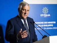 Italian Foreign Minister Antonio Tajani speaks at the final press conference of the day during the Group of Seven (G7) Development Ministers...