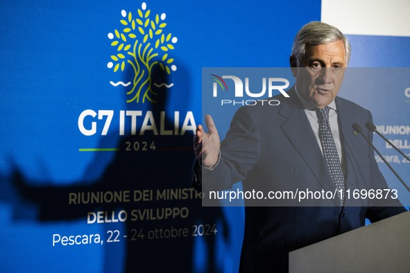 Italian Foreign Minister Antonio Tajani speaks at the final press conference of the day during the Group of Seven (G7) Development Ministers...