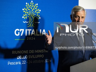 Italian Foreign Minister Antonio Tajani speaks at the final press conference of the day during the Group of Seven (G7) Development Ministers...