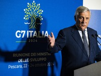 Italian Foreign Minister Antonio Tajani speaks at the final press conference of the day during the Group of Seven (G7) Development Ministers...