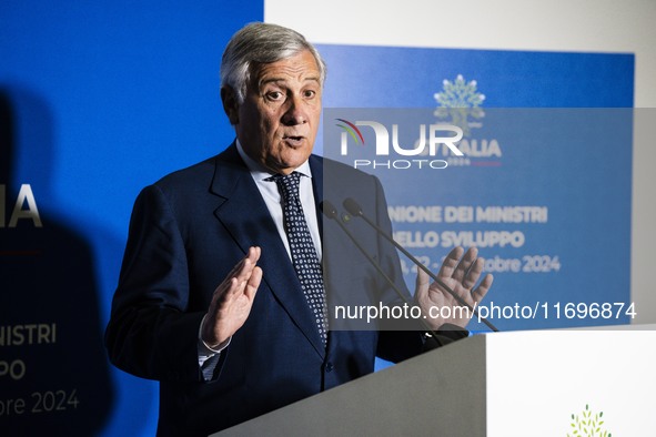 Italian Foreign Minister Antonio Tajani speaks at the final press conference of the day during the Group of Seven (G7) Development Ministers...