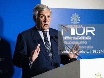 Italian Foreign Minister Antonio Tajani speaks at the final press conference of the day during the Group of Seven (G7) Development Ministers...