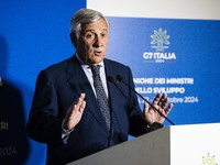 Italian Foreign Minister Antonio Tajani speaks at the final press conference of the day during the Group of Seven (G7) Development Ministers...