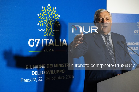 Italian Foreign Minister Antonio Tajani speaks at the final press conference of the day during the Group of Seven (G7) Development Ministers...