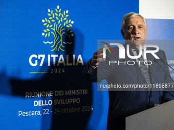 Italian Foreign Minister Antonio Tajani speaks at the final press conference of the day during the Group of Seven (G7) Development Ministers...