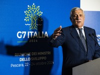 Italian Foreign Minister Antonio Tajani speaks at the final press conference of the day during the Group of Seven (G7) Development Ministers...