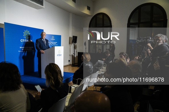 Italian Foreign Minister Antonio Tajani speaks at the final press conference of the day during the Group of Seven (G7) Development Ministers...