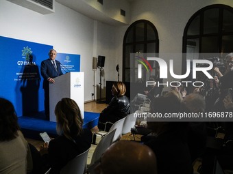 Italian Foreign Minister Antonio Tajani speaks at the final press conference of the day during the Group of Seven (G7) Development Ministers...