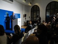 Italian Foreign Minister Antonio Tajani speaks at the final press conference of the day during the Group of Seven (G7) Development Ministers...