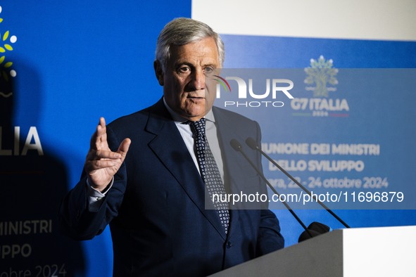 Italian Foreign Minister Antonio Tajani speaks at the final press conference of the day during the Group of Seven (G7) Development Ministers...