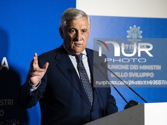 Italian Foreign Minister Antonio Tajani speaks at the final press conference of the day during the Group of Seven (G7) Development Ministers...