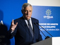 Italian Foreign Minister Antonio Tajani speaks at the final press conference of the day during the Group of Seven (G7) Development Ministers...