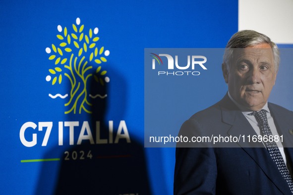 Italian Foreign Minister Antonio Tajani speaks at the final press conference of the day during the Group of Seven (G7) Development Ministers...