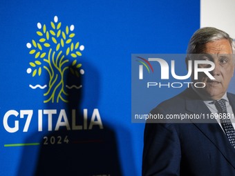 Italian Foreign Minister Antonio Tajani speaks at the final press conference of the day during the Group of Seven (G7) Development Ministers...