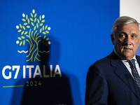 Italian Foreign Minister Antonio Tajani speaks at the final press conference of the day during the Group of Seven (G7) Development Ministers...