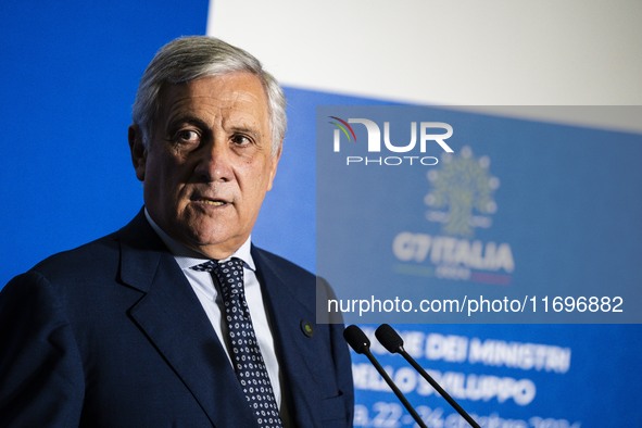 Italian Foreign Minister Antonio Tajani speaks at the final press conference of the day during the Group of Seven (G7) Development Ministers...