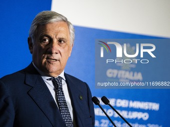 Italian Foreign Minister Antonio Tajani speaks at the final press conference of the day during the Group of Seven (G7) Development Ministers...