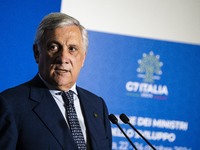 Italian Foreign Minister Antonio Tajani speaks at the final press conference of the day during the Group of Seven (G7) Development Ministers...