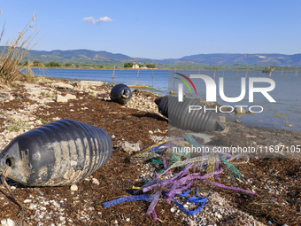 Huge quantities of tubular nets used for mussel farming and buoys employed in the fishing industry invade the sea and the coast around the l...