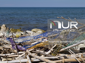 Huge quantities of tubular nets used for mussel farming and buoys employed in the fishing industry invade the sea and the coast around the l...