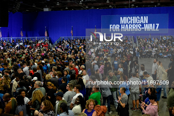 Several thousand attendees fill The Huntington Place in Detroit, MI, on October 22, 2024, to await former President Barack Obama to speak at...