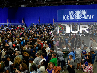 Several thousand attendees fill The Huntington Place in Detroit, MI, on October 22, 2024, to await former President Barack Obama to speak at...