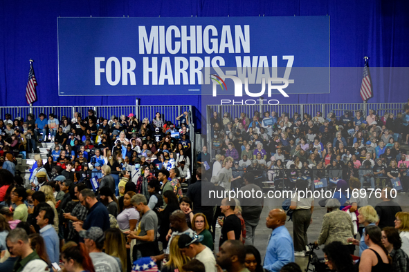 Several thousand attendees fill The Huntington Place in Detroit, MI, on October 22, 2024, to await former President Barack Obama to speak at...