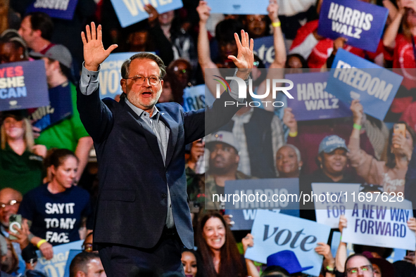 U.S. Senator Gary Peters (D-MI) speaks during a presidential campaign rally for Kamala Harris at The Huntington Place in Detroit, MI, on Oct...