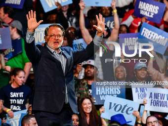 U.S. Senator Gary Peters (D-MI) speaks during a presidential campaign rally for Kamala Harris at The Huntington Place in Detroit, MI, on Oct...