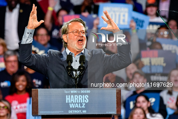 U.S. Senator Gary Peters (D-MI) speaks during a presidential campaign rally for Kamala Harris at The Huntington Place in Detroit, MI, on Oct...