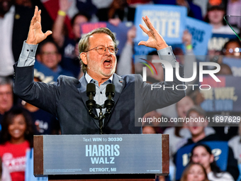 U.S. Senator Gary Peters (D-MI) speaks during a presidential campaign rally for Kamala Harris at The Huntington Place in Detroit, MI, on Oct...