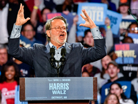 U.S. Senator Gary Peters (D-MI) speaks during a presidential campaign rally for Kamala Harris at The Huntington Place in Detroit, MI, on Oct...