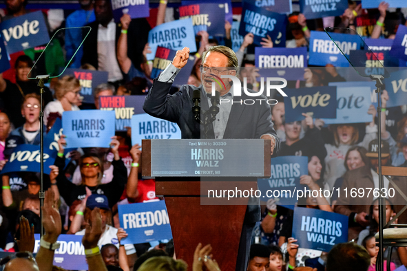 U.S. Senator Gary Peters (D-MI) speaks during a presidential campaign rally for Kamala Harris at The Huntington Place in Detroit, MI, on Oct...