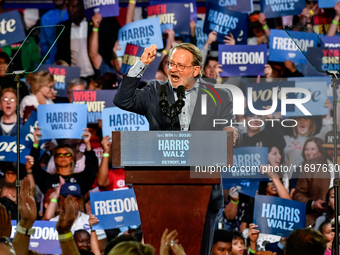 U.S. Senator Gary Peters (D-MI) speaks during a presidential campaign rally for Kamala Harris at The Huntington Place in Detroit, MI, on Oct...