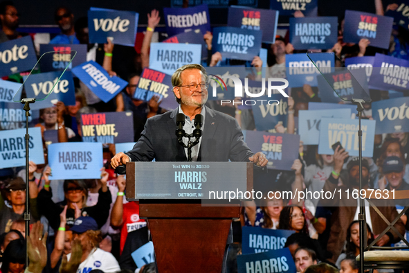 U.S. Senator Gary Peters (D-MI) speaks during a presidential campaign rally for Kamala Harris at The Huntington Place in Detroit, MI, on Oct...