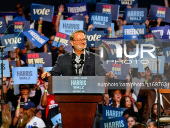 U.S. Senator Gary Peters (D-MI) speaks during a presidential campaign rally for Kamala Harris at The Huntington Place in Detroit, MI, on Oct...