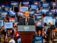 U.S. Senator Gary Peters (D-MI) speaks during a presidential campaign rally for Kamala Harris at The Huntington Place in Detroit, MI, on Oct...